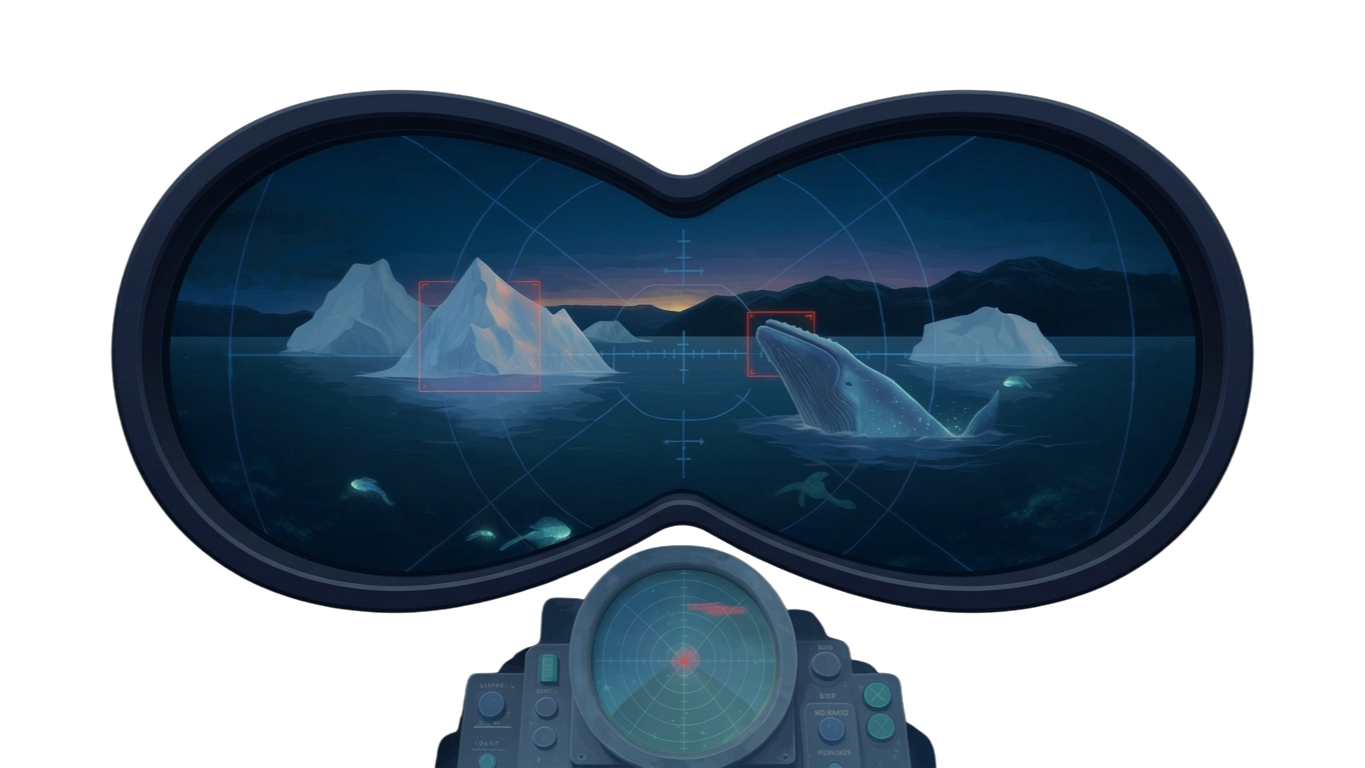 Submarine binoculars view of icebergs and a whale at sea with red targeting brackets, above an illuminated sonar console