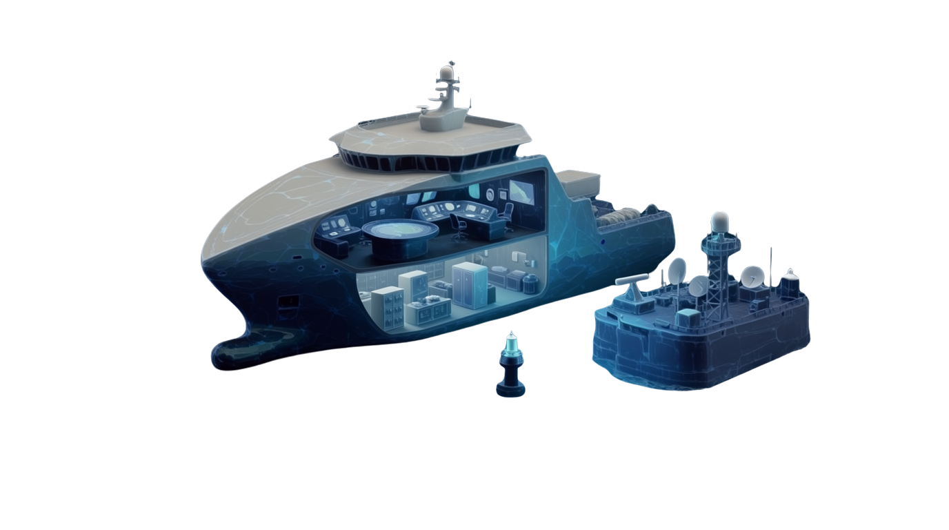 Cutaway research vessel with bridge and electronics, and offshore platform with antennas