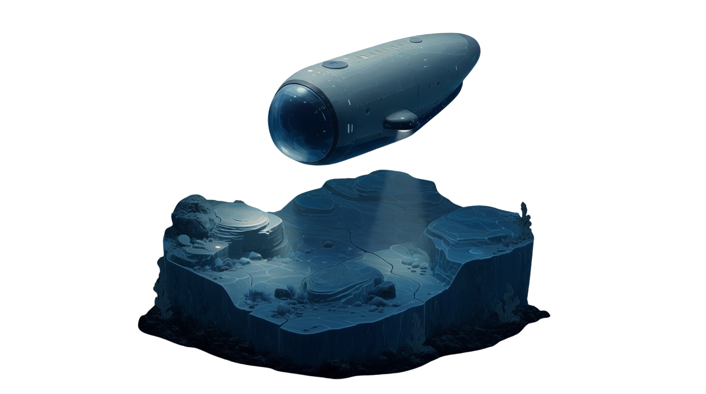 Submarine hovering above an isometric seabed plateau
