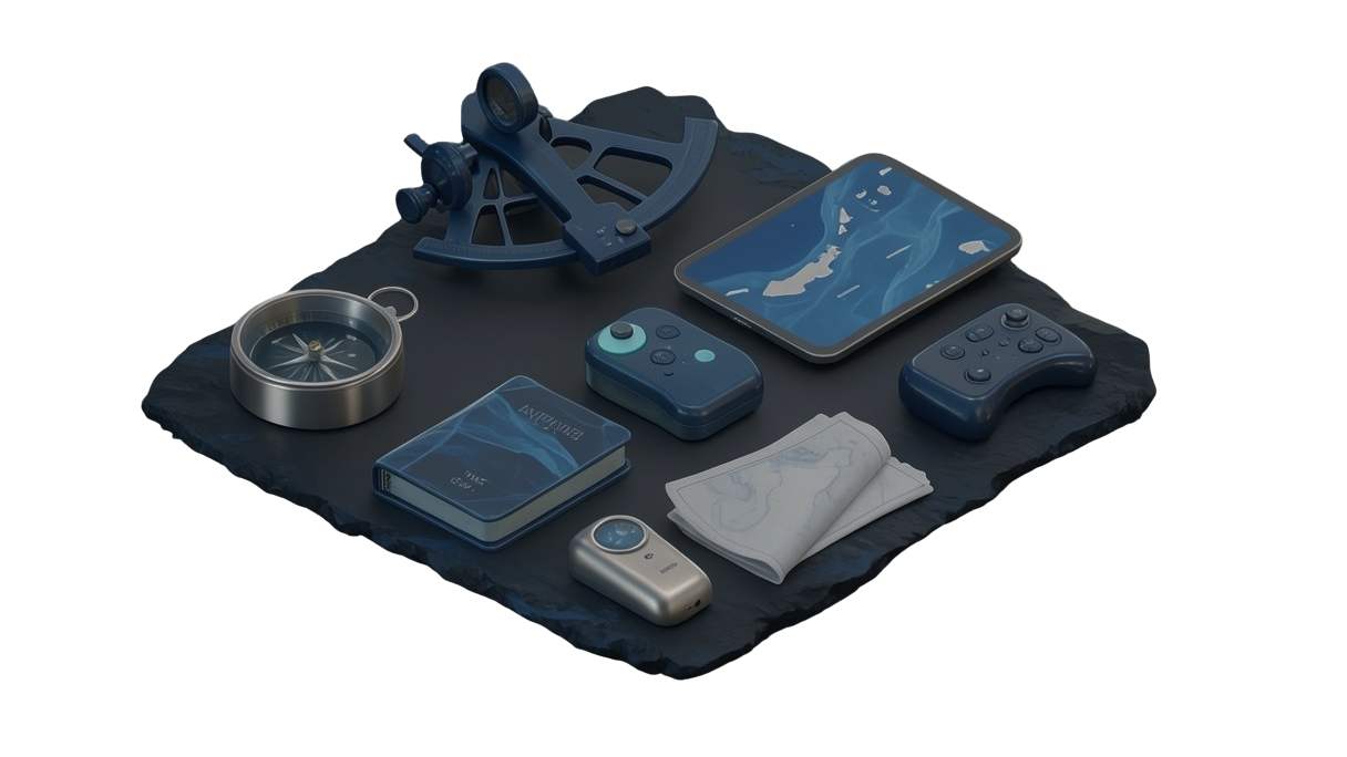 Isometric tray of navigation instruments — sextant, compass, journal, tablet showing map, gamepads, and small device on dark stone slab