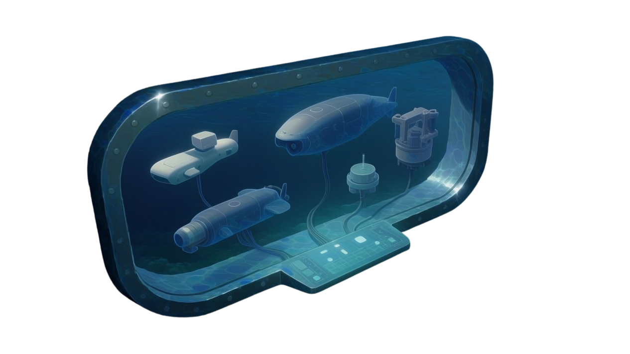 Connected security devices: submarine, sensor, drone, camera, and dome — unified by the DeepSeas platform