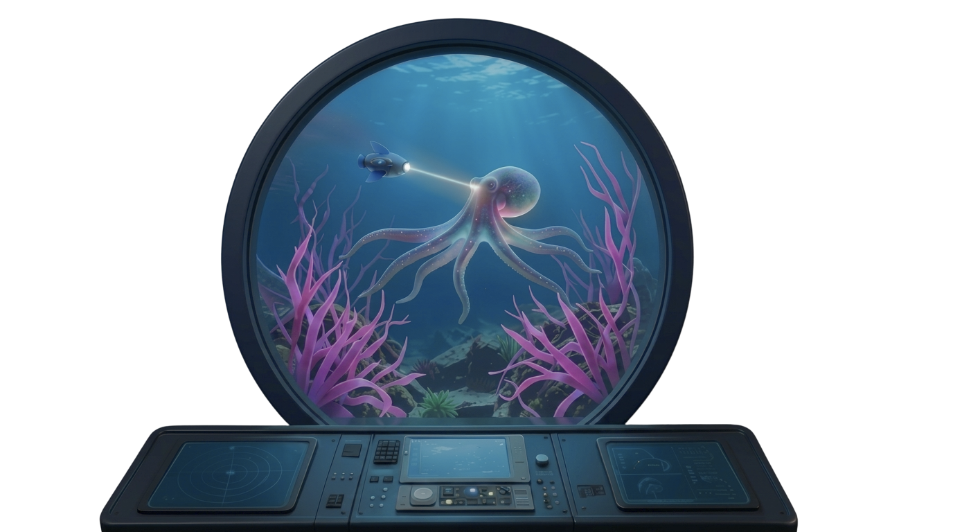 Console viewport showing a submarine illuminating a glowing octopus above seabed corals