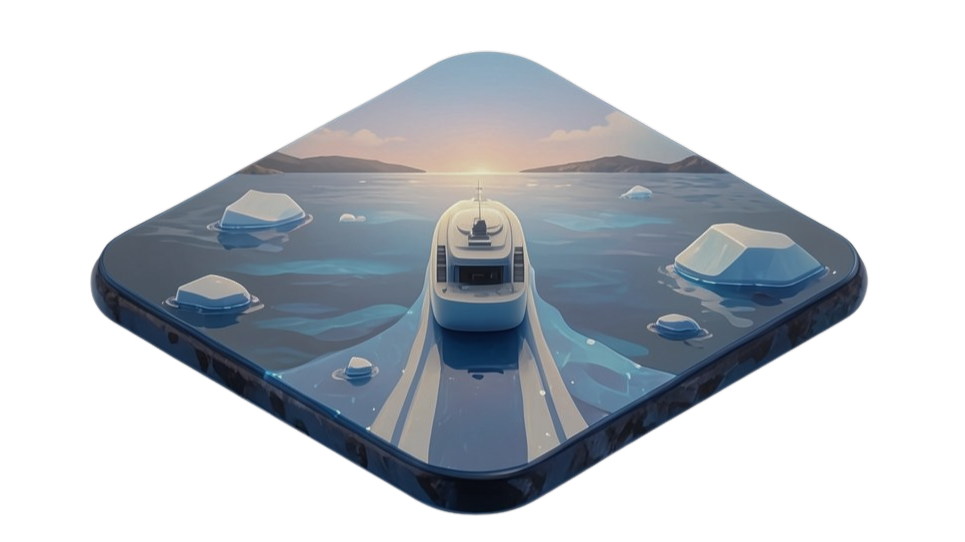 Isometric scene of a research vessel approaching sunset between icebergs on a dark blue slab
