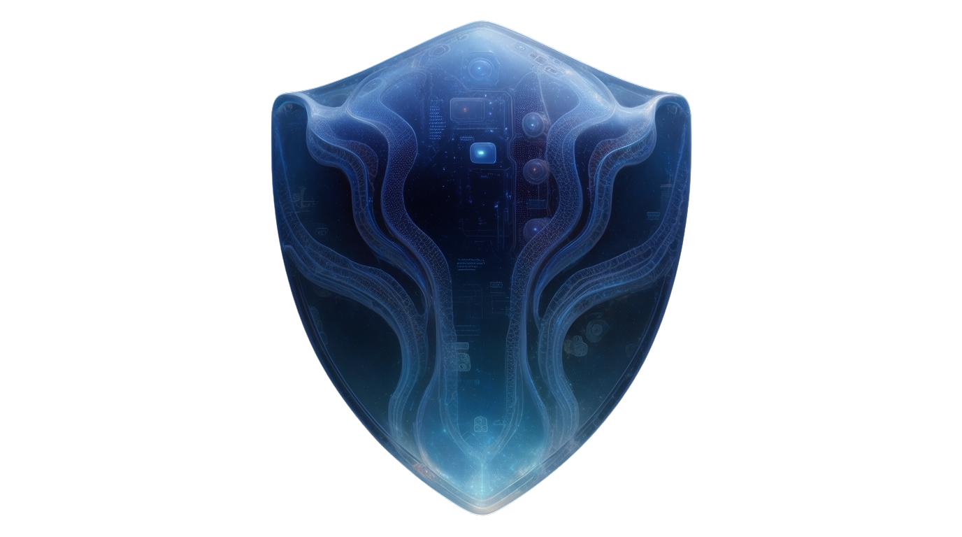 Shield with cybernetic octopus motif representing unified protection